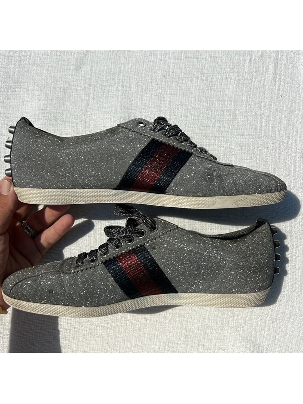 $895 Gucci Metallic Silver Glitter Bambi Web Detail Studded Low Top Sneakers 9